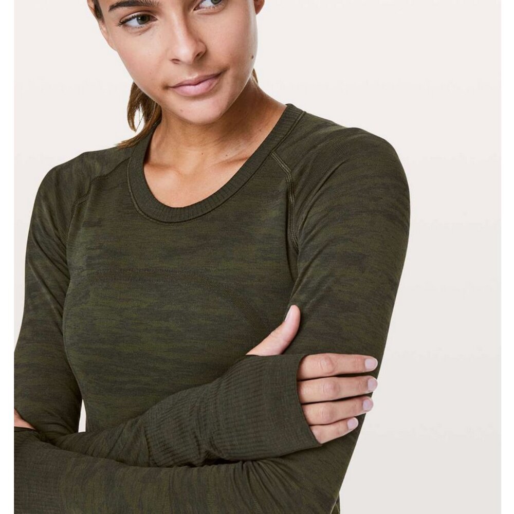 Lululemon Swiftly Tech Long Sleeve Crew Dark Olive / Brave Olive / Black 10